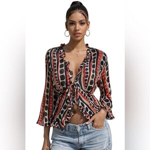 Bay Studio Red, Black & Cream Striped Dot Tie-Front Ruffle Blouse